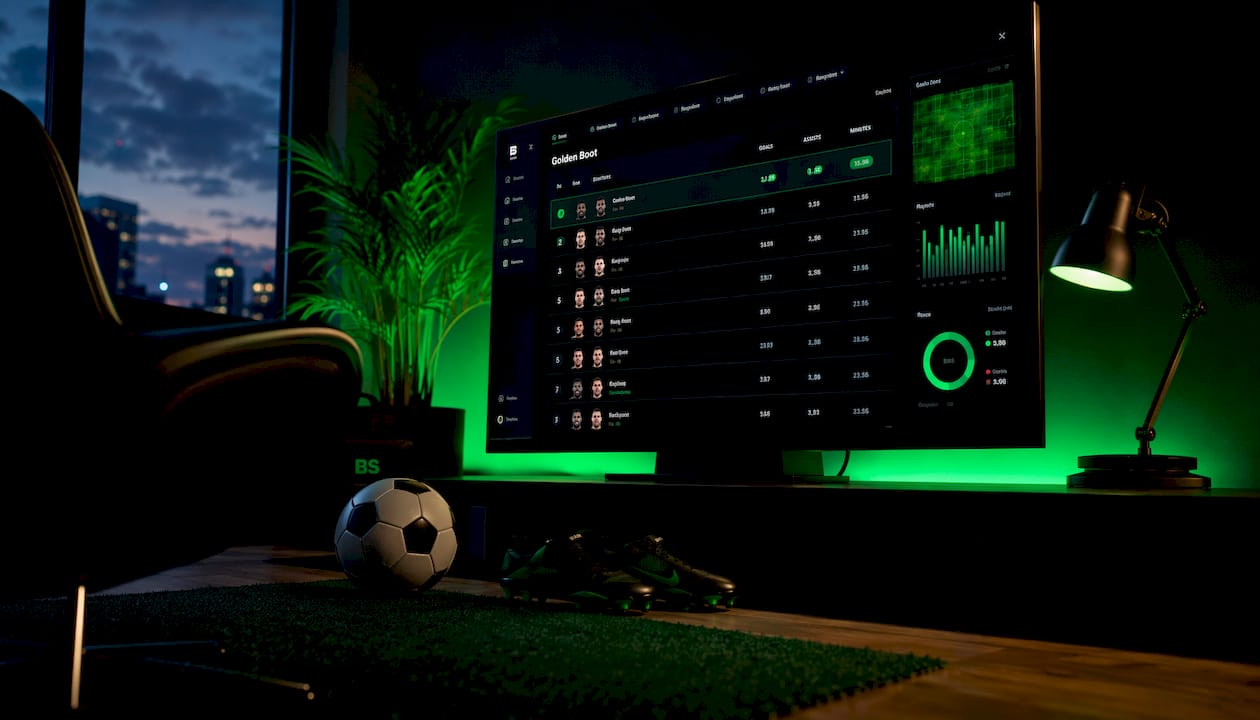 Sports data dashboard showing Golden Boot leaderboard stats