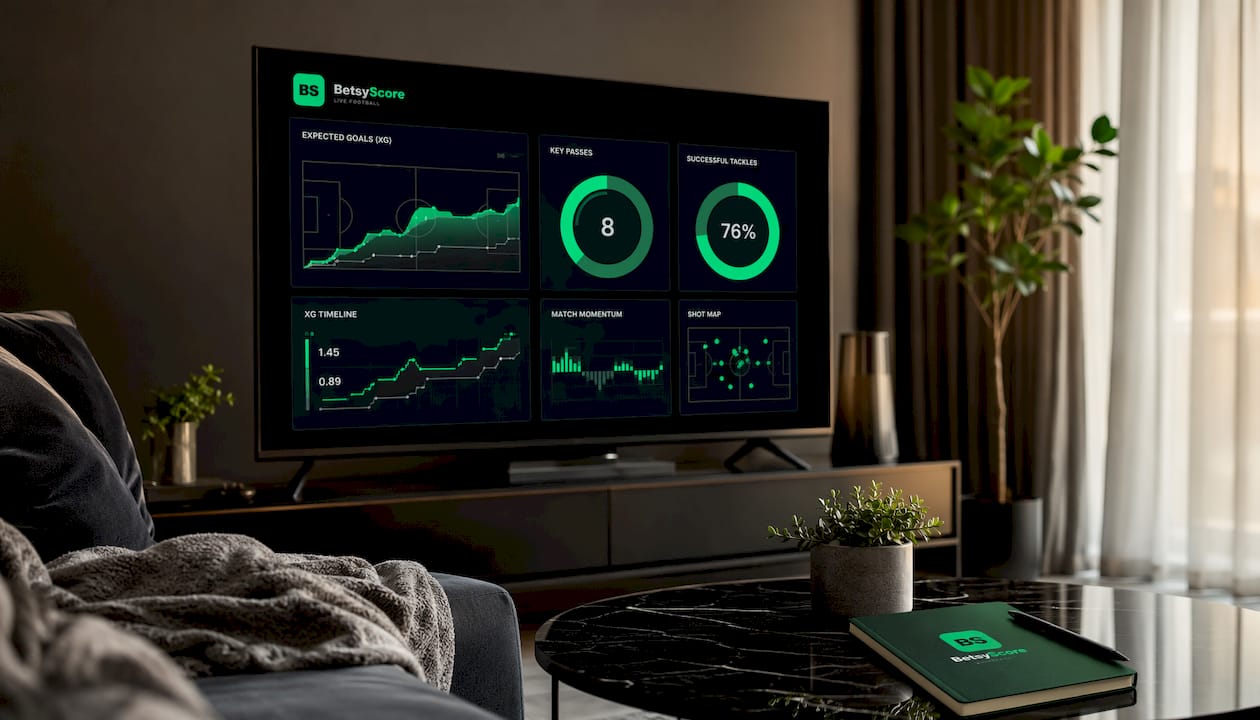 Dark UI football match stats dashboard on screen