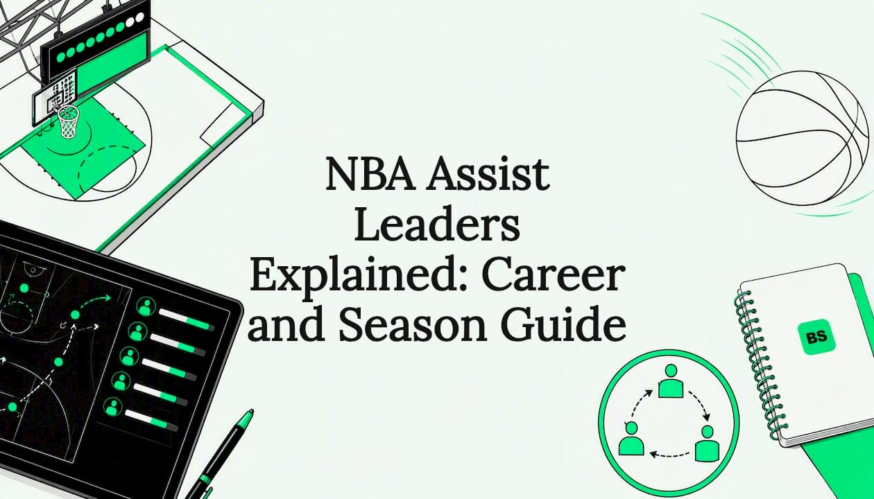 Decorative title card illustration showing basketball and stats