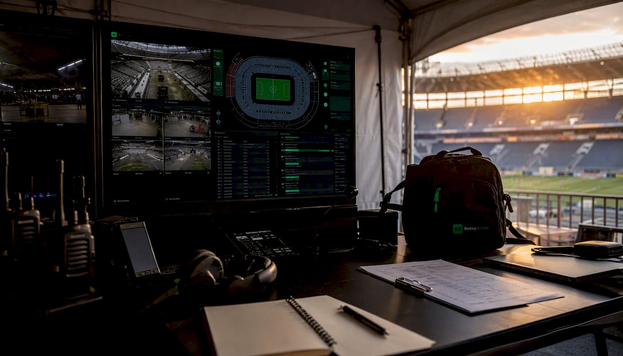 UEFA stadium preparation control room with dashboards