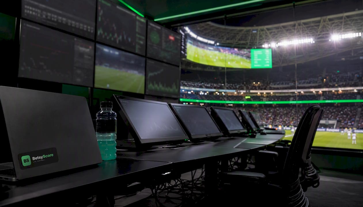 Stadium control room with live scoreboards
