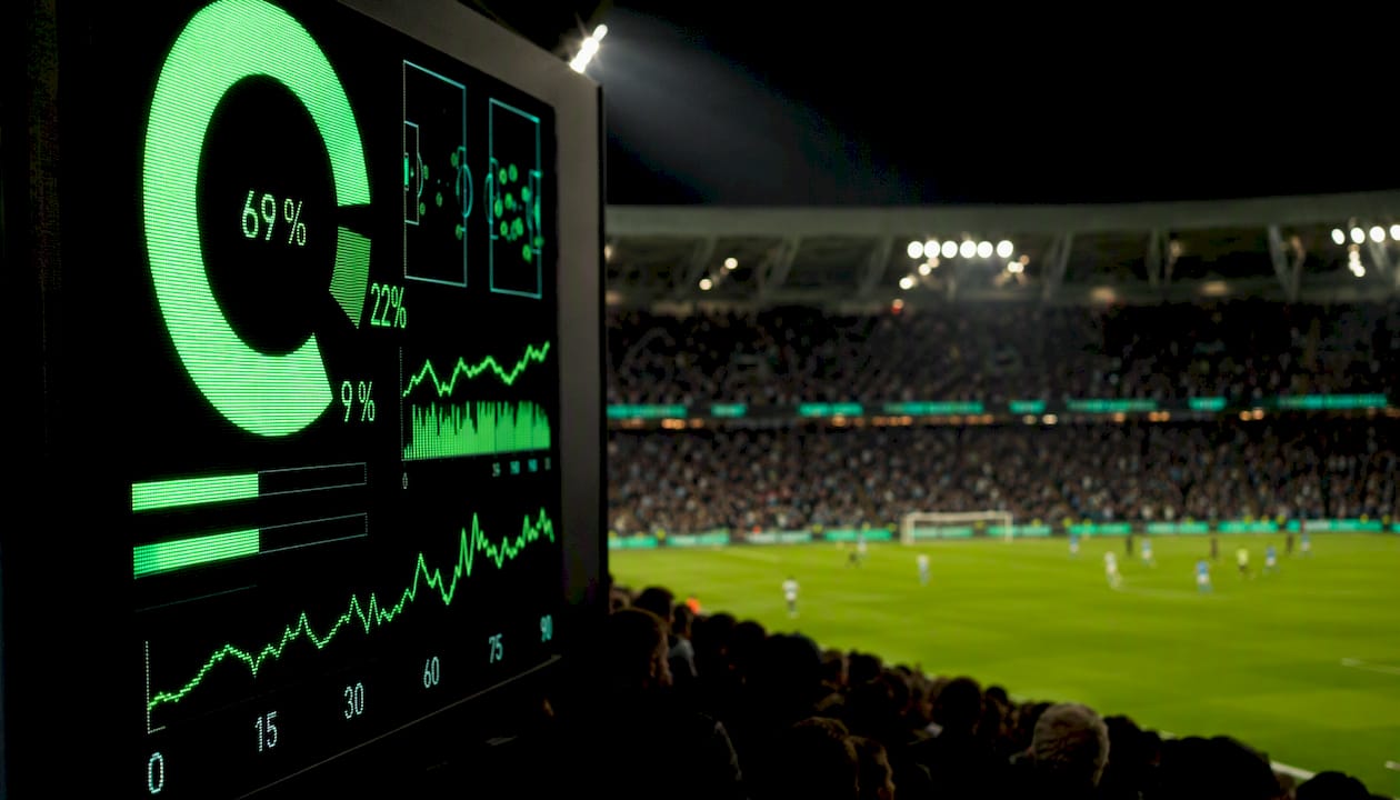 Stadium scoreboard with live football data at night