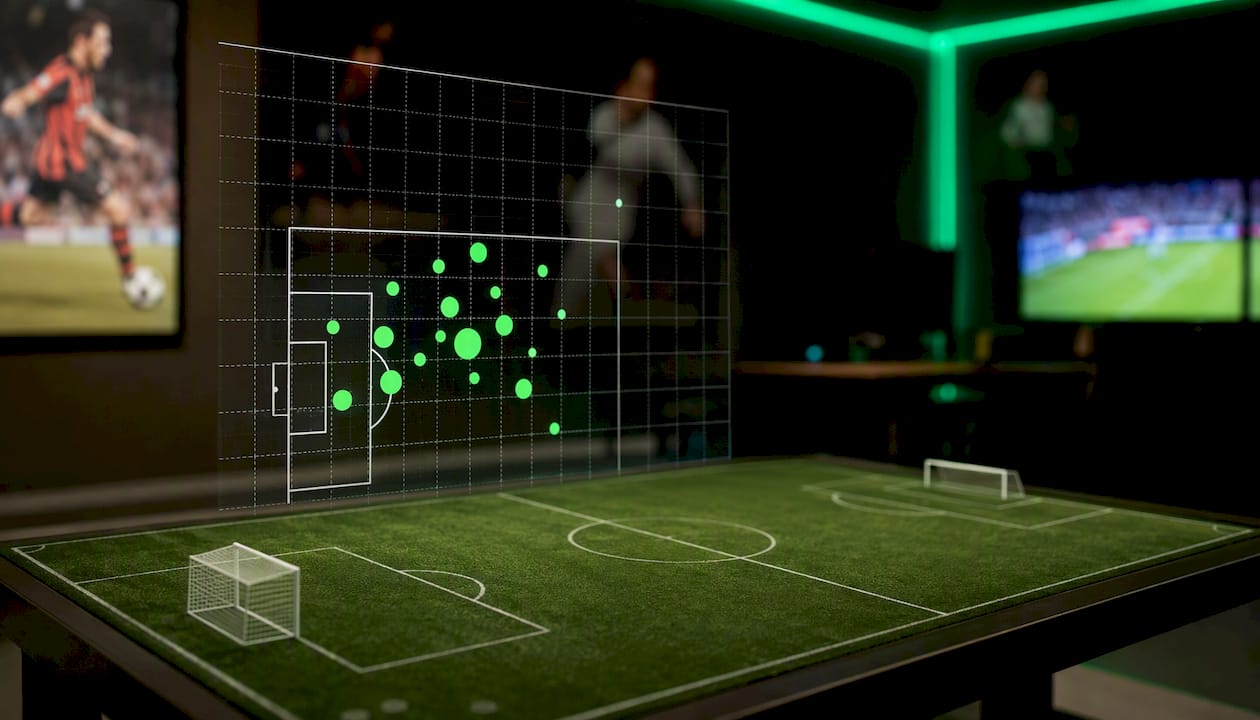 Soccer pitch with coordinate grid and shot data points