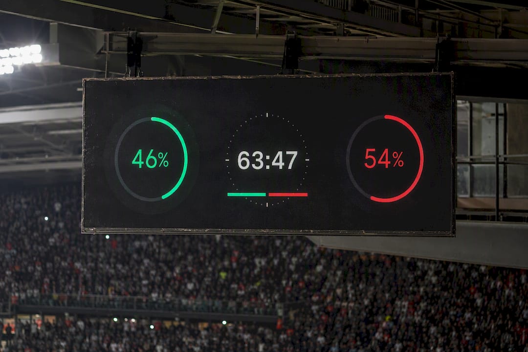 Football stadium scoreboard showing live match update