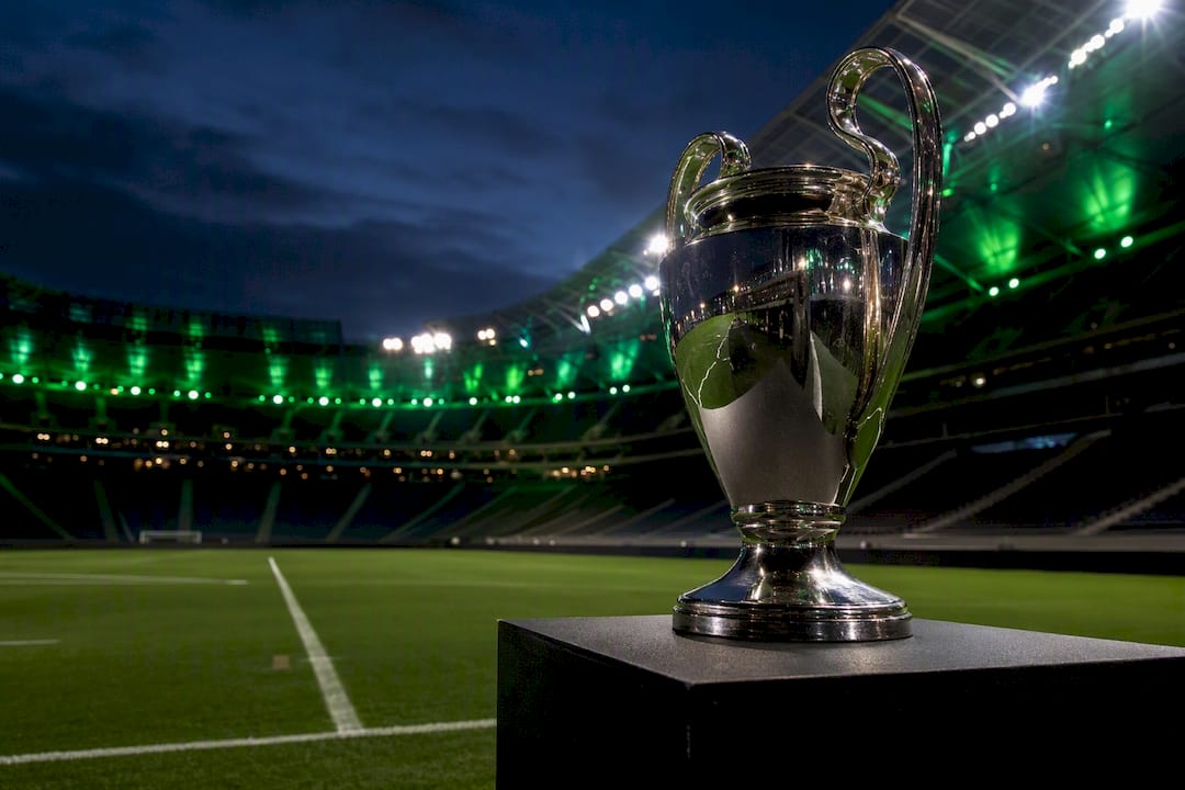 Close-up of European Cup trophy in stadium