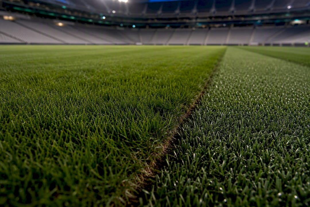 Hybrid turf seam on stadium football pitch