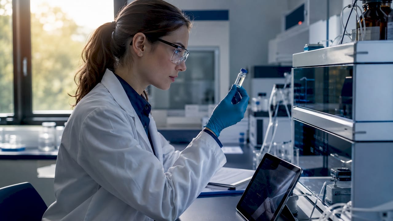 Hands inspecting peptide vial at quality control bench