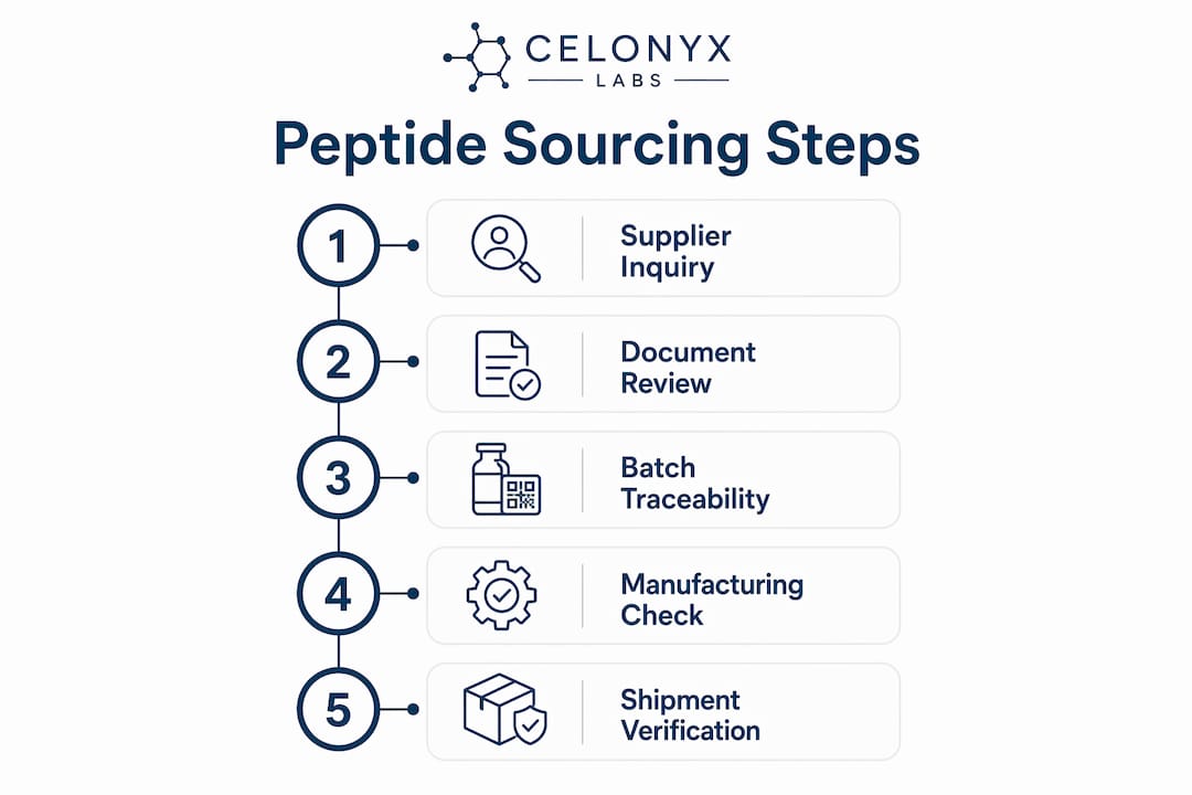 Infographic illustrating steps for sourcing GMP-adjacent peptides