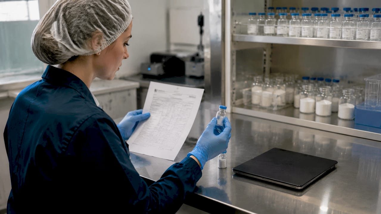 Hands verifying peptide vial label with COA document