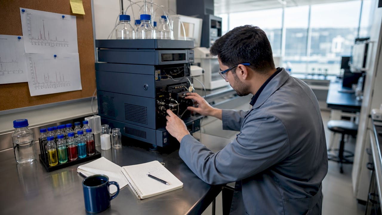 Hands adjusting chromatography instrument controls