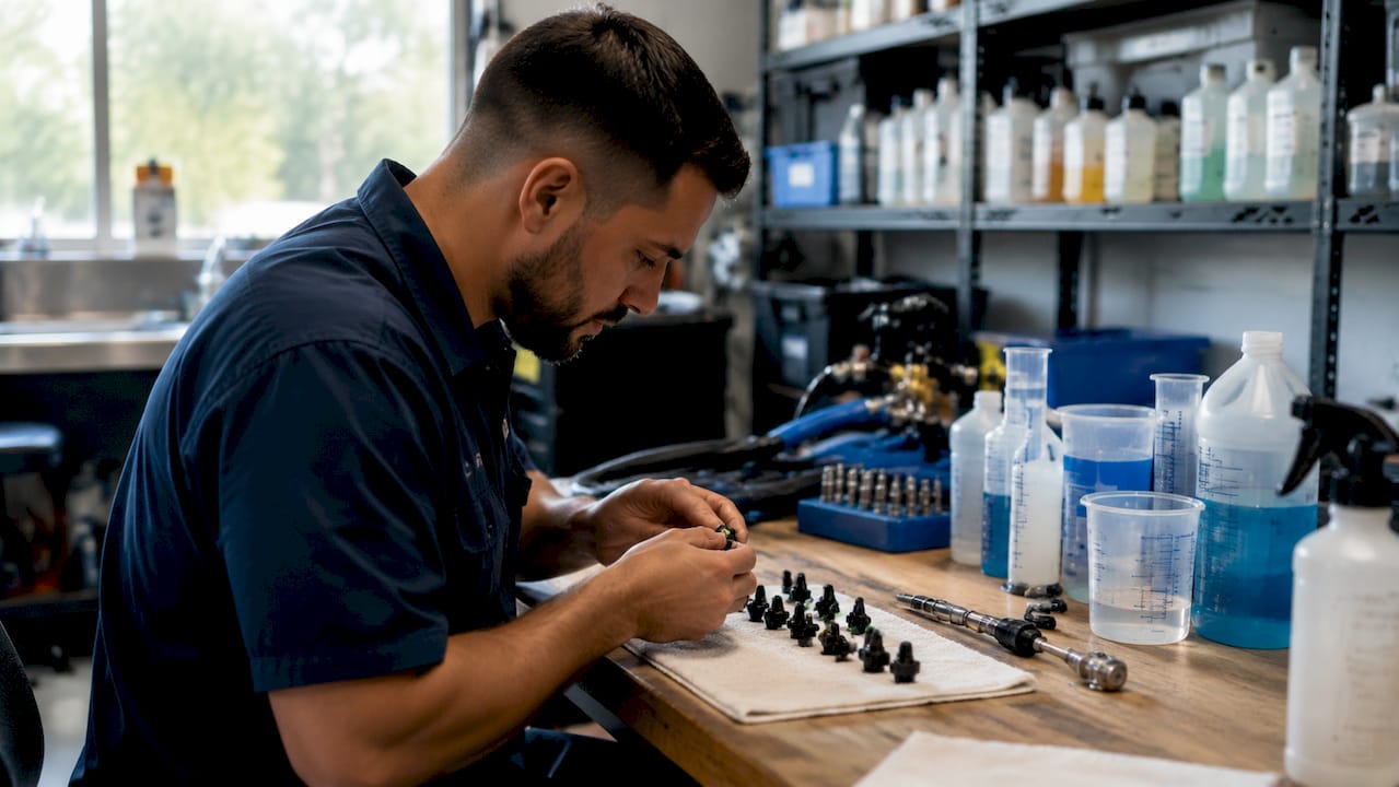Detailer maintaining car wash nozzles