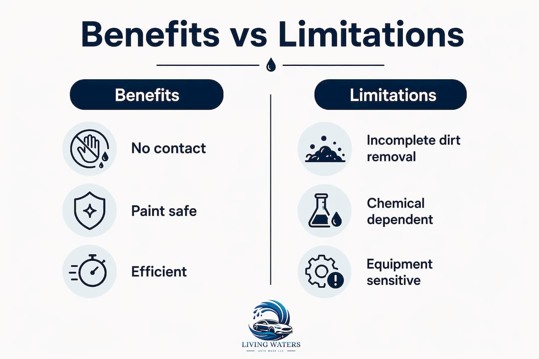 Infographic comparing benefits and limitations of touchless detailing