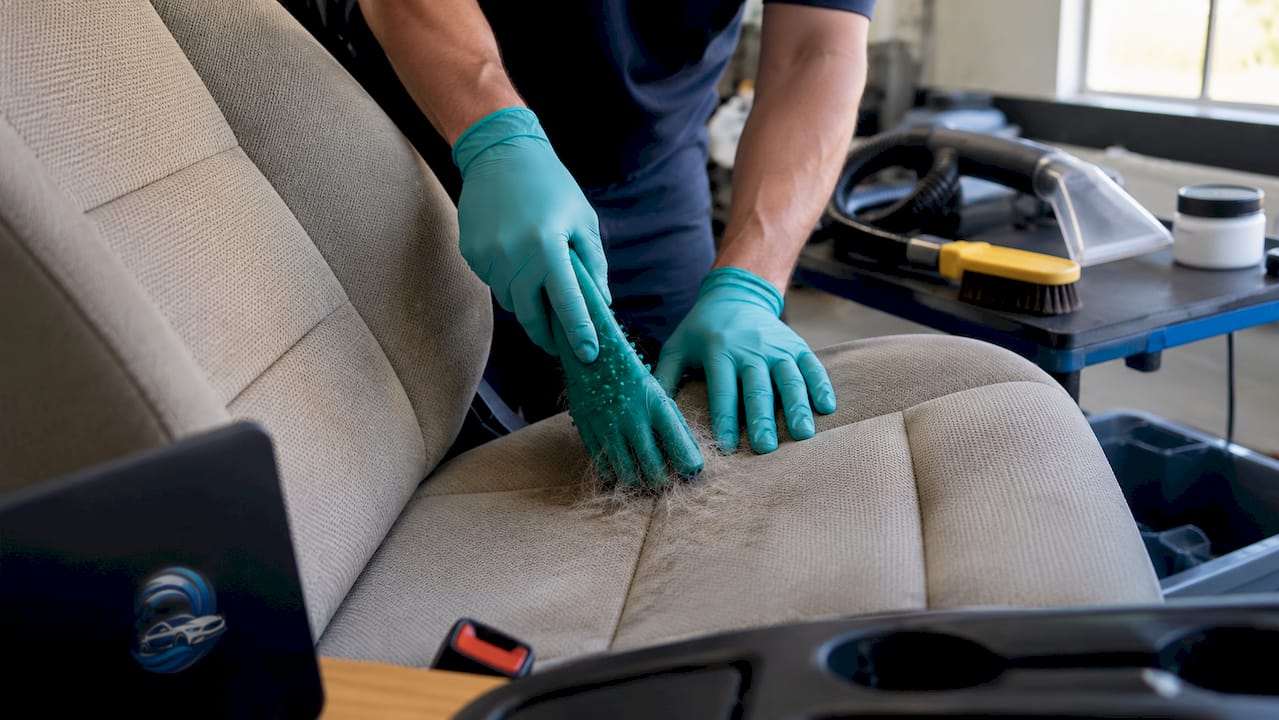 Hands removing embedded pet hair from car seat fabric