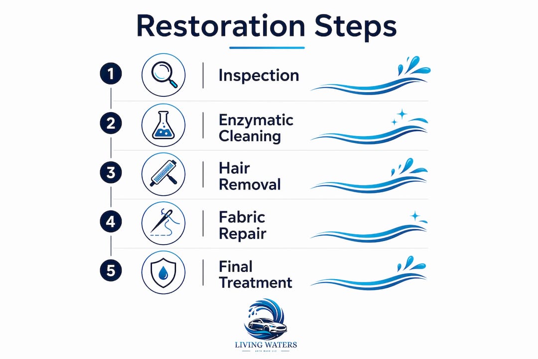Infographic illustrating pet damage upholstery restoration steps