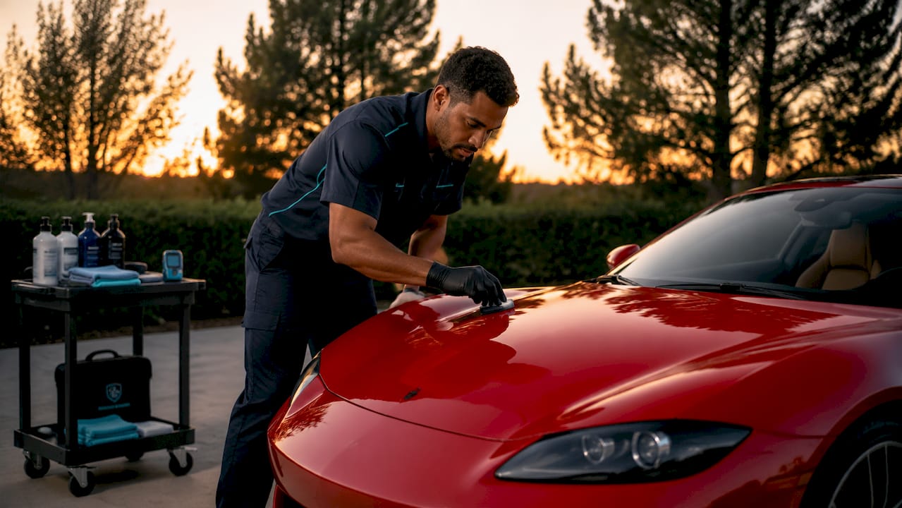 Technician applying ceramic coating on car hood