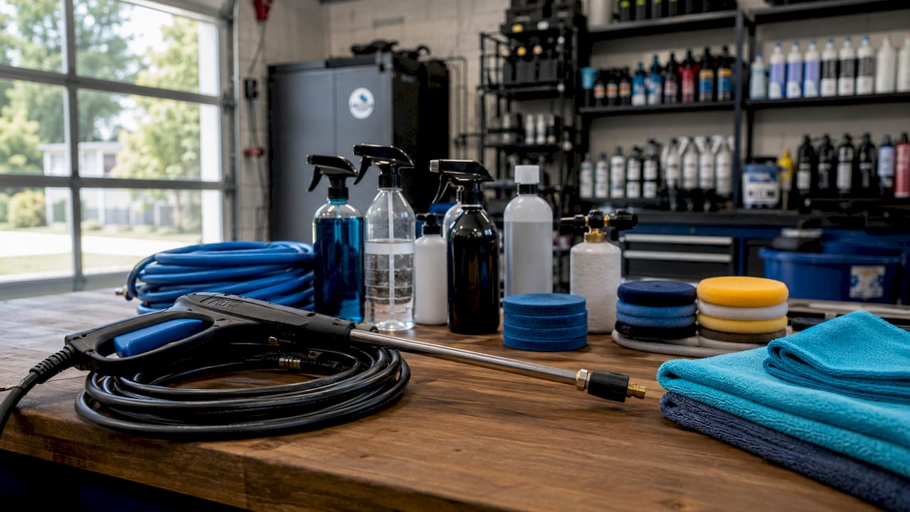 Professional car detailing tools and pressure washer on cart