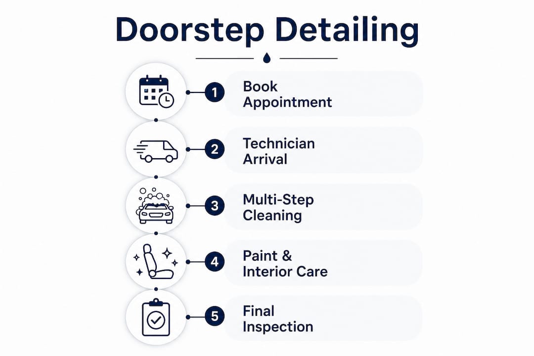 Infographic illustrating step-by-step doorstep car detailing process