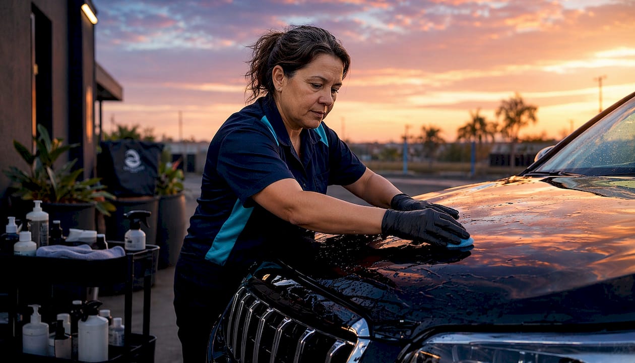 Female detailer using clay bar on hood