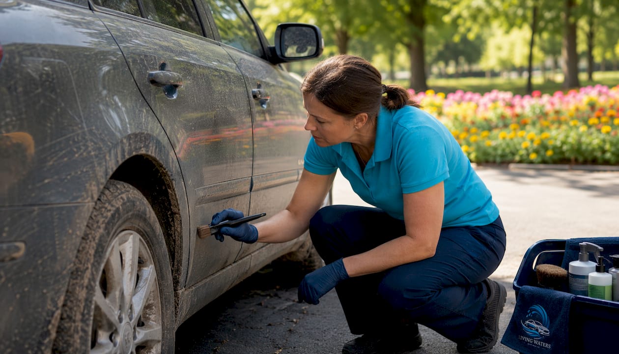 Detailer visually inspecting car dirt before cleaning