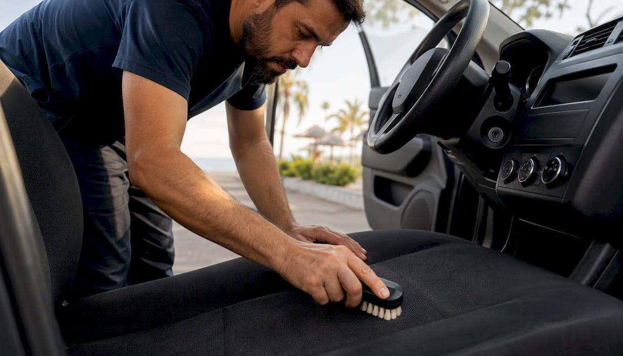 Technician vacuuming driver seat during express detail