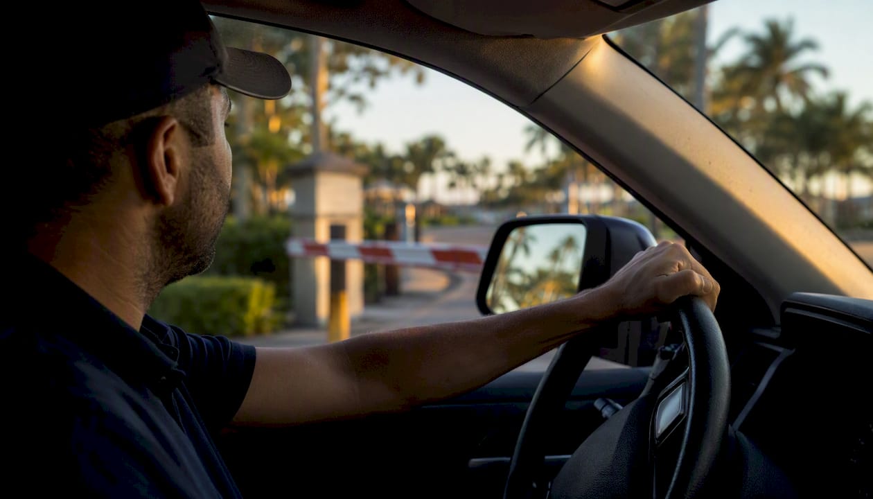 Detailer waiting patiently at gate inside vehicle
