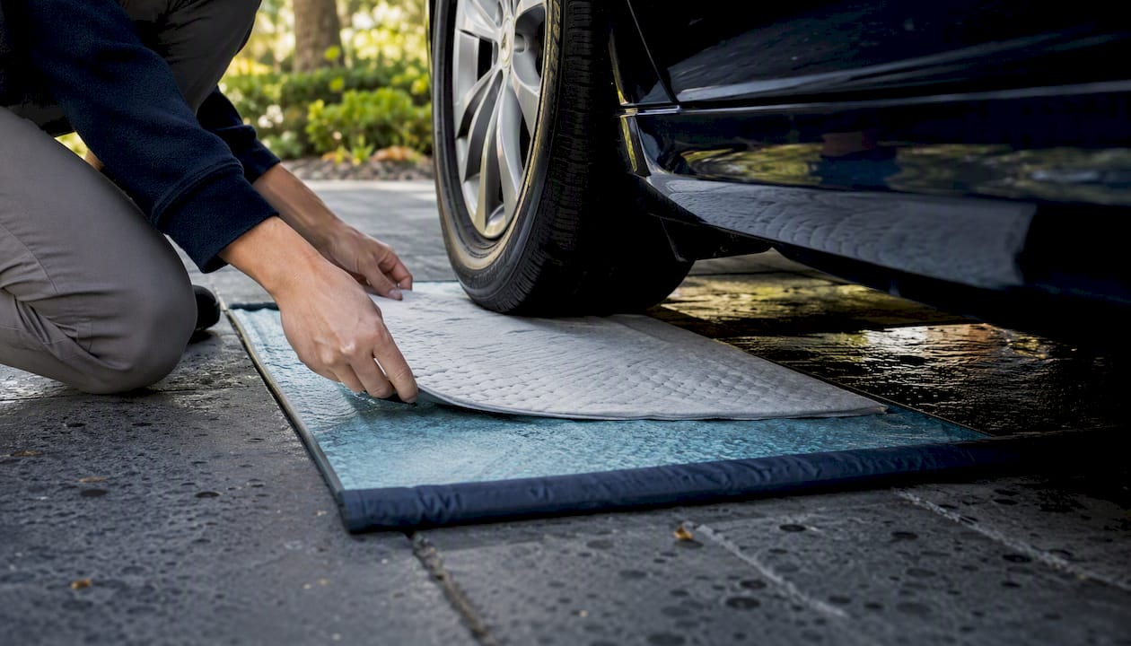 Hands placing wastewater containment pads under vehicle tire