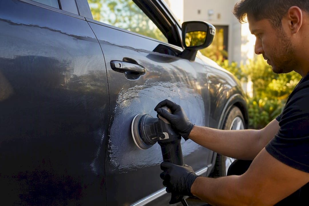 Dual-action polisher working on car paint panel
