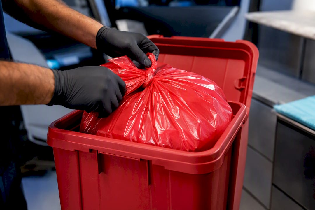 Sealed biohazard waste placed in rigid container