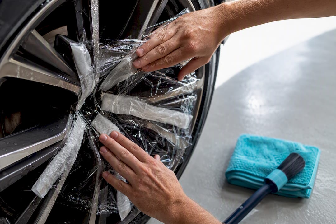 Plastic-wrapped towels soaking brake dust