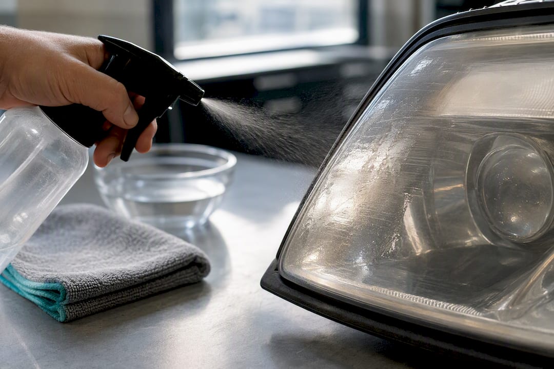 Oily sheen on partially framed headlight lens
