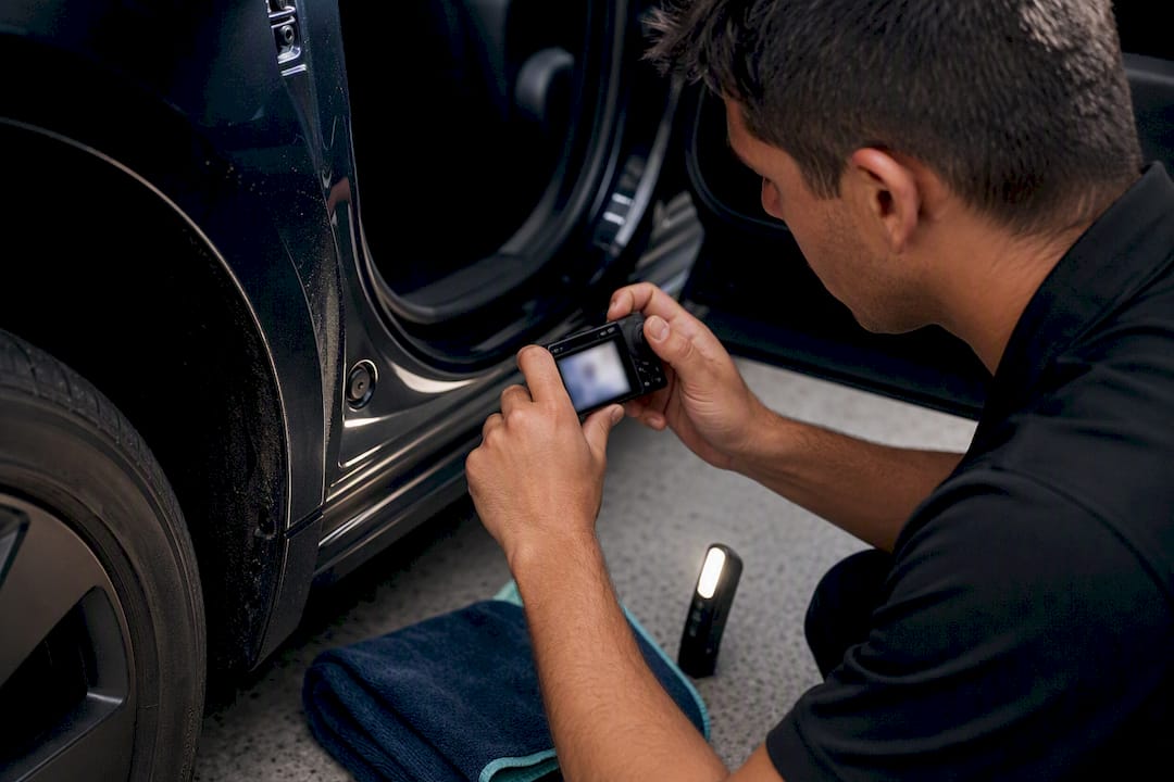 Technician inspecting vehicle door jamb and wheel well