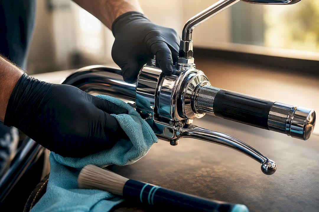 Hands cleaning a motorcycle chrome control