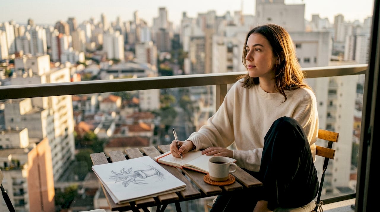 Young woman at desk reflecting thoughtfully