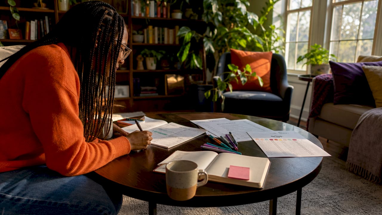 Overhead view of mental health checklists and journal