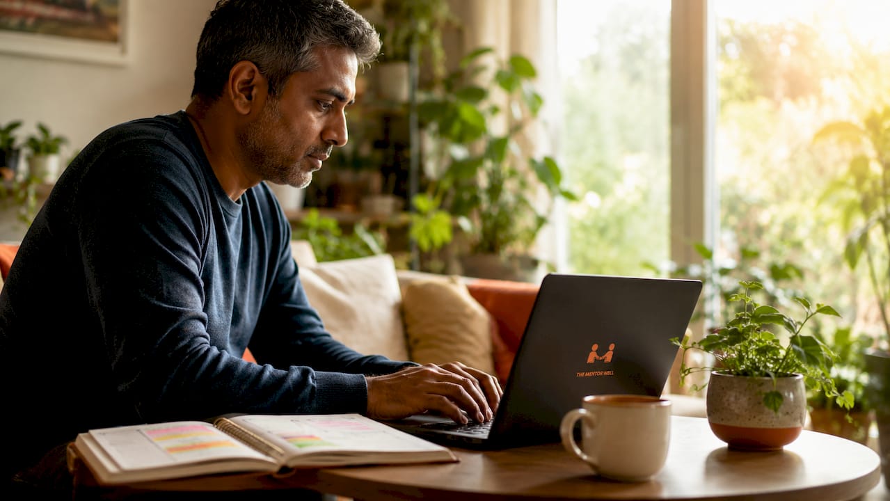Father scheduling self-care in home office