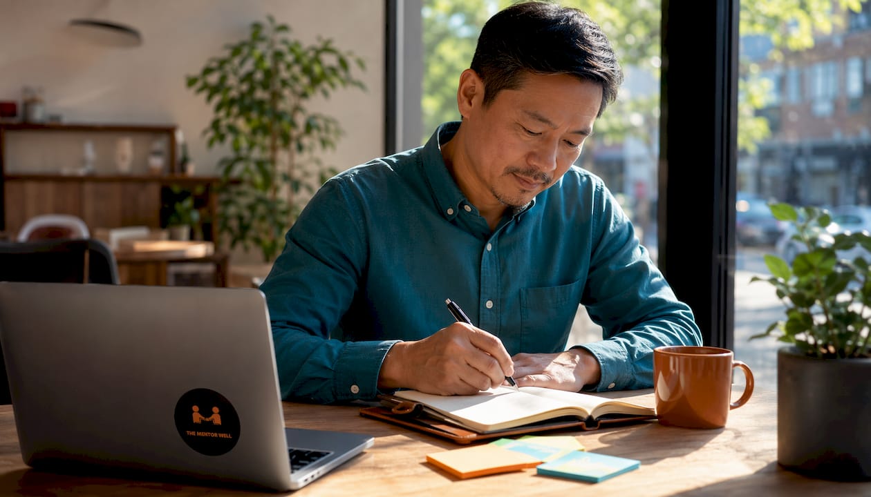 Leader writing notes in office for mental health support