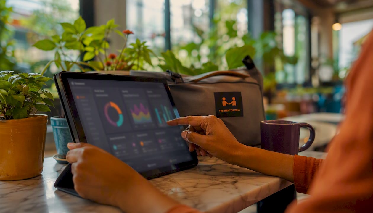 Hands using tablet with youth mental health dashboard