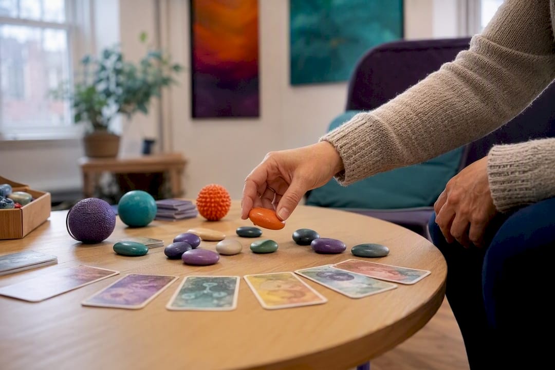 Hands picking up colored coaching stones