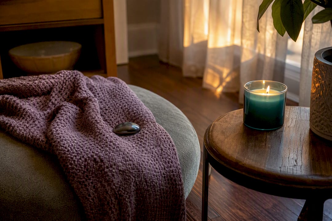 Comfort objects in a home family room corner supporting teen mental health