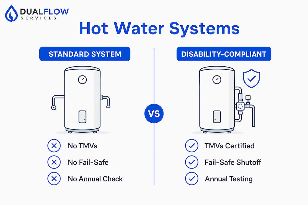 Infographic comparing disability-compliant and standard hot water systems