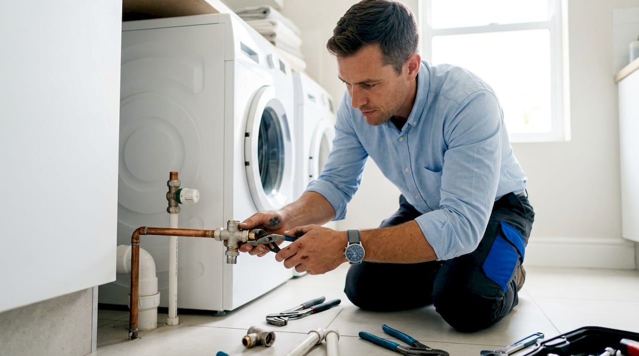 Plumber installing thermostatic mixing valve plumbing