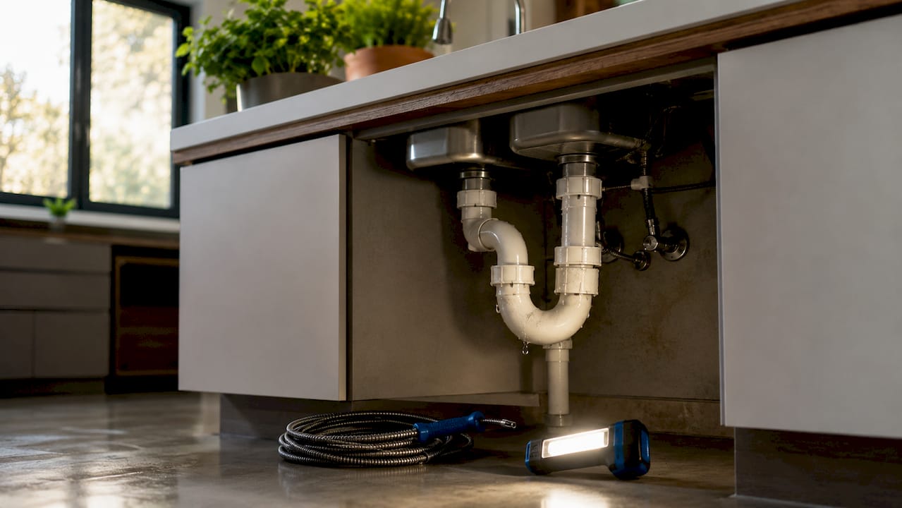 Close-up of plumbing P-trap water seal under sink