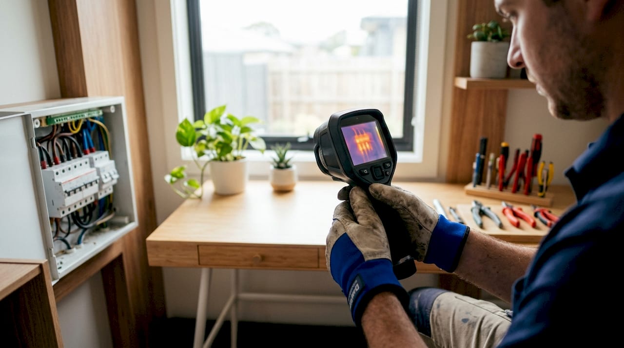 Hands using thermal imaging camera on switchboard