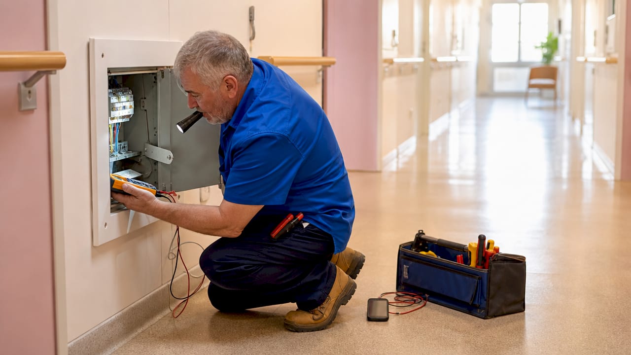 Maintenance technician inspecting switchboard wiring