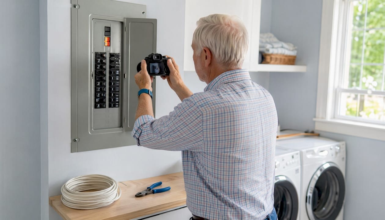 Hands photographing labeled electrical panel