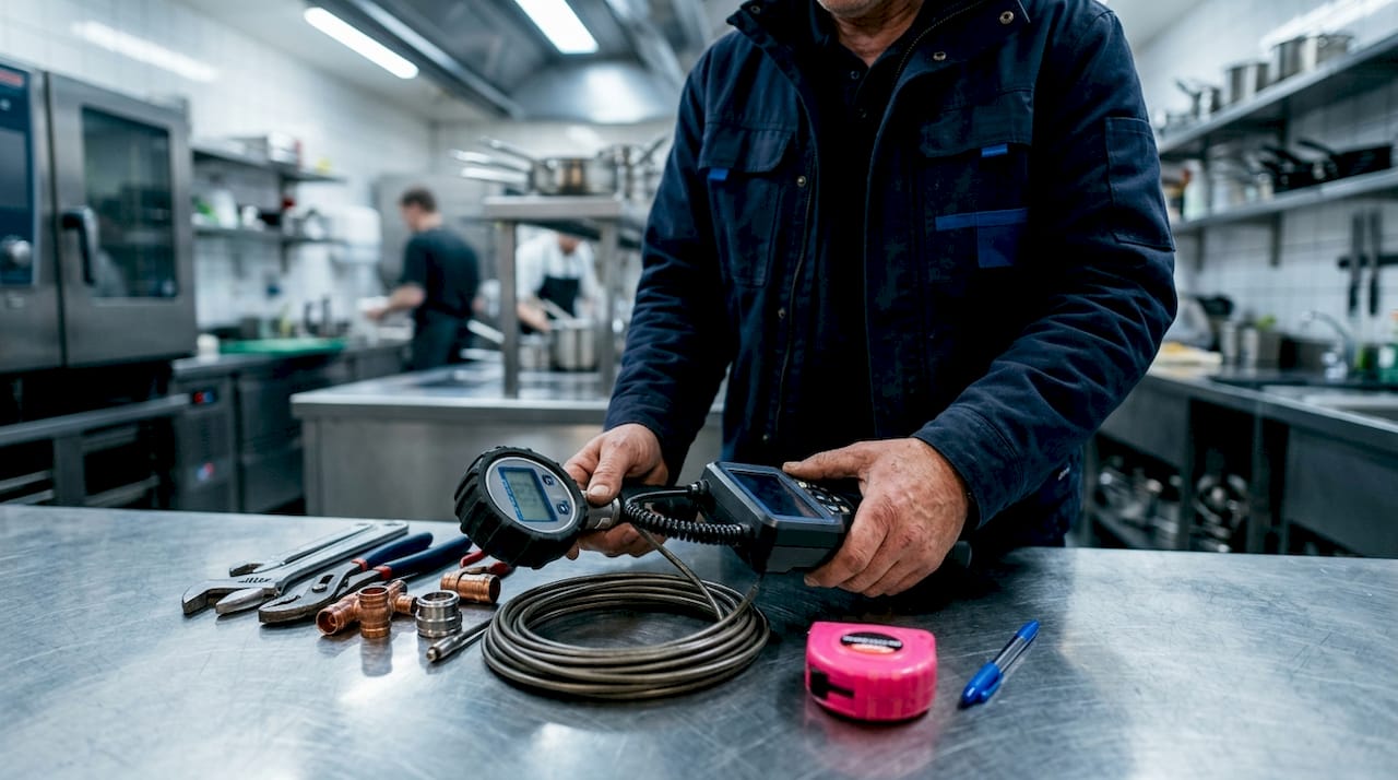 Close-up of plumbing inspection tools on workbench