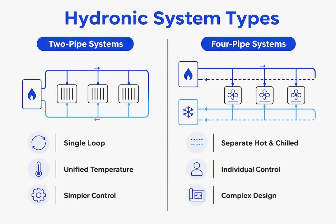 Infographic comparing two-pipe and four-pipe hydronic systems