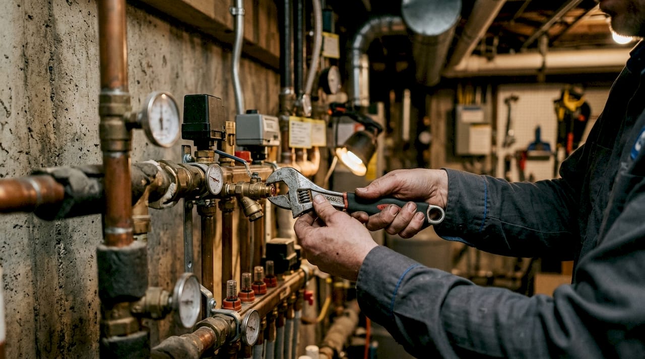 Technician adjusting hydronic balancing valve