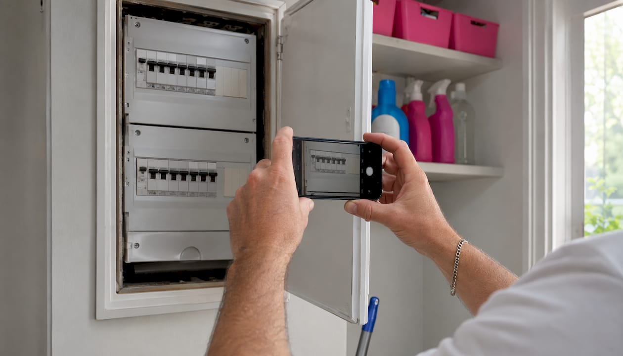 Close-up of hands photographing home switchboard