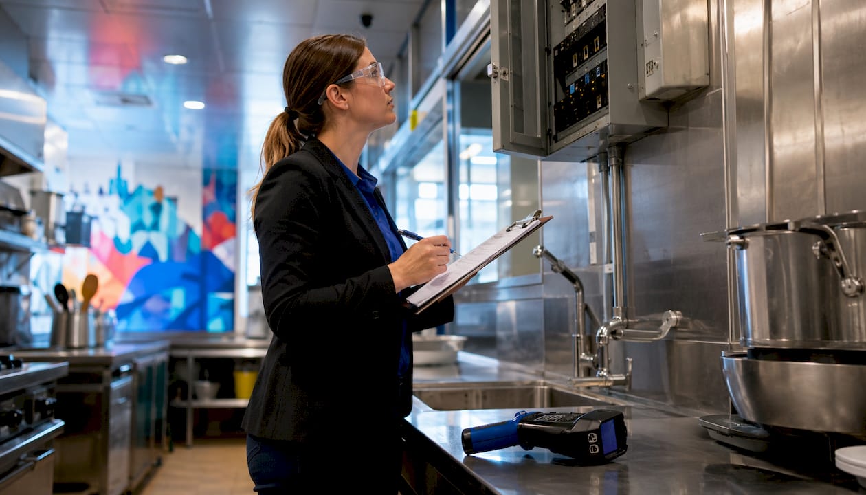 Female auditor reviewing commercial switchboard checklist